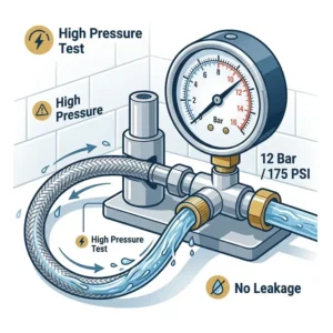 Illustration of a professional water pressure test performed on a hose for toilet bidet.