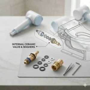 Internal ceramic valve and rubber washers for bidet replacement parts.