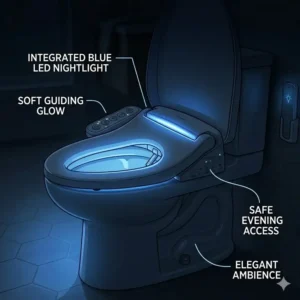 The soft blue LED nightlight feature of a modern chair height toilet with bidet.