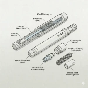 Technical diagram of the self-cleaning spray wand and retraction motor, showing internal toto bidet parts mechanics.