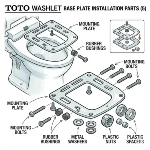 Detailed toto washlet parts diagram of the mounting plate, bolts, and rubber bushings.