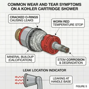 Step-by-step illustration on how to adjust the temperature on a kohler cartridge shower.