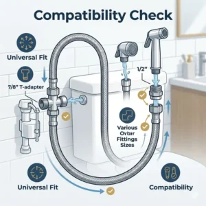 Size comparison chart for universal connectors used with a hose for toilet bidet.