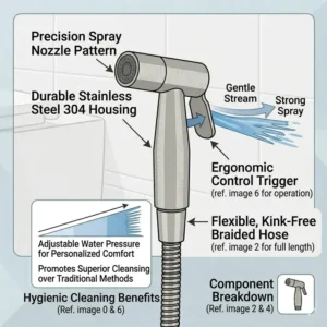 Technical illustration of the internal seals and leak-proof valves of a stainless steel bidet spray.