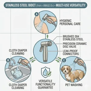 Technical drawing of the leak-proof hose and internal seals of a stainless steel bidet system.