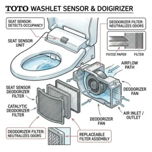 A toto washlet parts diagram showing the seat sensor and deodorizer filter location.