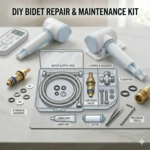 Professional DIY repair kit containing various bidet replacement parts.