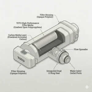 High-performance inline water filter with dual O-ring seals, designed as protective toto bidet parts against mineral buildup.