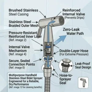 Versatile application of a stainless steel bidet spray for personal care and bathroom cleaning.