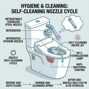 Close-up illustration of the self-cleaning stainless steel nozzle inside a bidet wc combo.