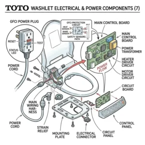 Comprehensive toto washlet parts diagram for the circuit board and power cord assembly.