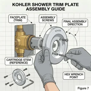 Final assembly process of attaching the handle and trim to a kohler cartridge shower.