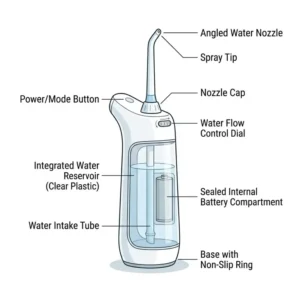 A detailed diagram showing the main components and features of a portable electric bidet.