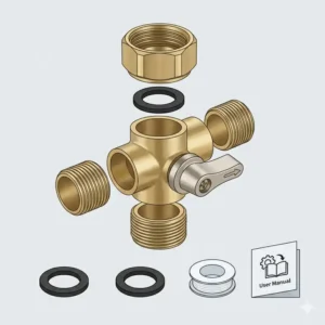 Complete retail package components including a bidet t adapter, sealing washers, thread seal tape, and installation guide.