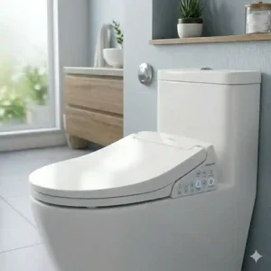 Diagram illustrating the internal water flow of a self clean bidet showing how the nozzle rinses itself before and after use.