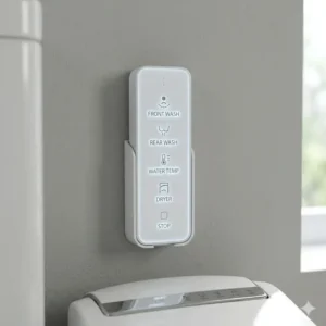 Close-up of a bidet remote interface showing icons for water spray and dryer settings.