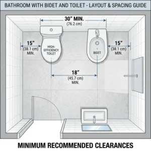 A technical 2D floor plan showing the ideal spacing for a bathroom with bidet and toilet.