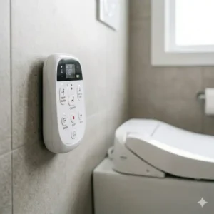Detailed view of the intuitive interface on a toilet seat remote control showing various wash and dry functions.