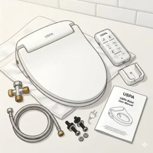 High-angle view of all hardware and components included with the uspa bidet manual costco package.