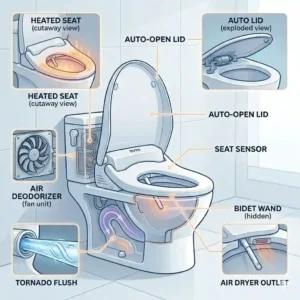 Diagram detailing the smart features of the best toto toilet with bidet, including the heated seat and automated lid system.