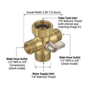 Technical diagram illustration of a bidet t adapter, specifying 7/8 inch toilet tank connections and 1/2 inch or 3/8 inch bidet hose threads.