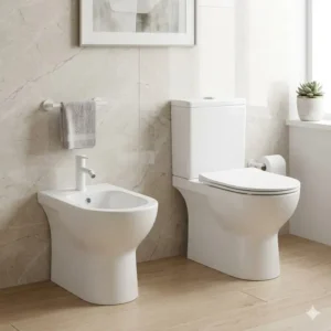 Close-up shot of high-quality porcelain fixtures in a contemporary bathroom with bidet and toilet.