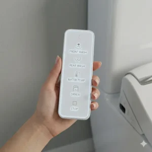 A person holding a bidet remote to adjust the water temperature and pressure.