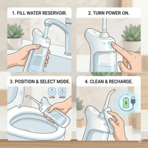 A step-by-step illustration showing how to fill and operate a portable electric bidet.