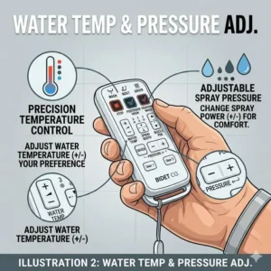 A detailed diagram of a bidet toilet remote interface showing water temperature and pressure icons.