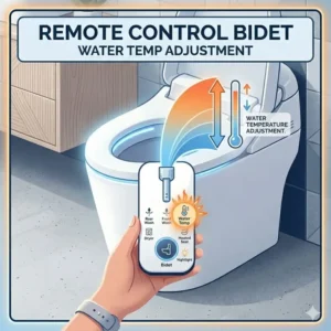 Graphic illustration highlighting a heated smart toilet seat activated via a remote control bidet panel.