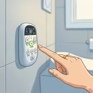 A hand pointing towards the cleanse button on a white toilet seat remote control in a bright bathroom setting.