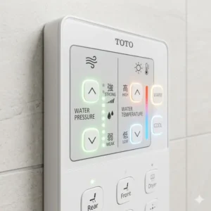 Wireless wall-mounted remote control panel for adjusting a toto automatic wc water temperature and pressure settings.