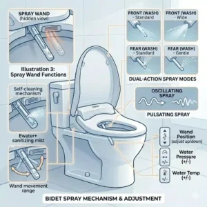Illustration explaining the adjustable spray wand and self-cleaning functions of the best toto toilet with bidet.