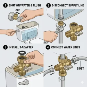 Step-by-step DIY graphics illustrating how to install a bidet t adapter beneath a standard household toilet tank.