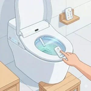 Illustration demonstrating the precision rear cleaning spray wand functionality of an automatic TOTO toilet.