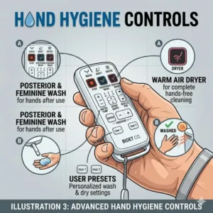 Illustration showing the wireless connectivity between a handheld bidet toilet remote and a smart bidet seat.