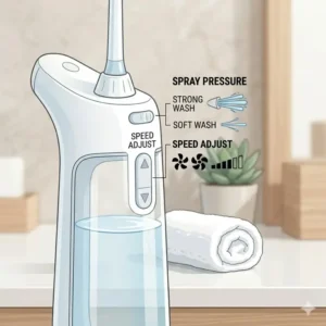 An educational graphic explaining the different water pressure spray modes of a portable electric bidet.