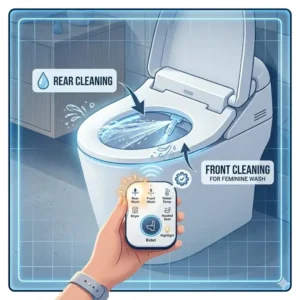 Illustration of an adjustable, self-cleaning dual nozzle system on a smart remote control bidet toilet seat.