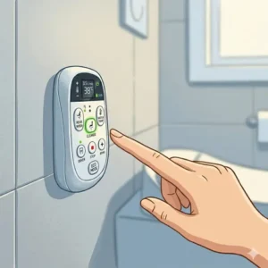 Close-up graphic of a toilet seat remote control highlighting the ergonomic button layout for easy navigation.
