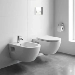 Minimalist interior design featuring a space-saving wall-hung bathroom with bidet and toilet.