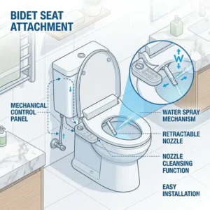 A detailed illustration of a DIY seat attachment installed in a bathroom with bidet and toilet.