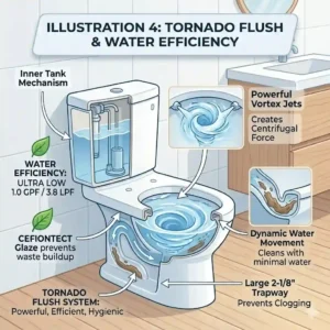 Technical diagram of the Tornado Flush system found in the best toto toilet with bidet, showing efficient water usage