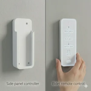 Comparison between a side-panel controller and a handheld bidet remote.