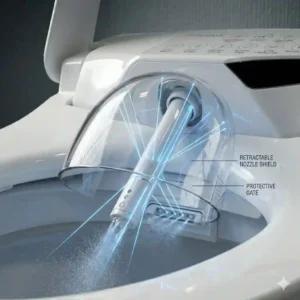 Step-by-step graphic guide showing how to connect a non-electric self clean bidet attachment to a standard bathroom water supply.