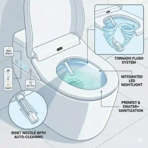 A technical illustration diagram showing the multi-swirl Tornado Flush system within an automatic TOTO toilet.