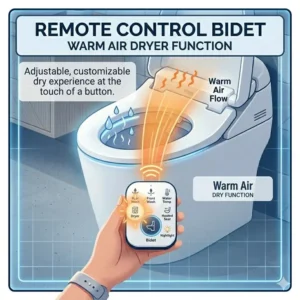 Visual diagram showing the integrated warm air dryer functionality of an electric remote control bidet.