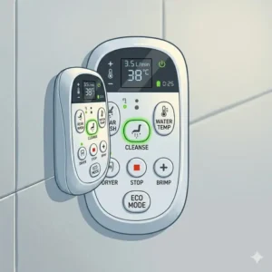 High-tech digital display on a toilet seat remote control showing real-time water temperature and pressure settings.