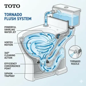 Diagram showing the high-efficiency centrifugal tornado flush mechanism inside a toto automatic wc.