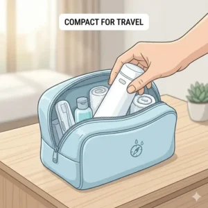 A compact portable electric bidet being placed into a travel toiletry bag.