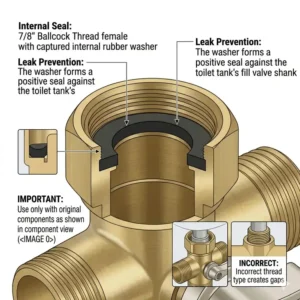 A detailed cross-section illustration showing the correct placement of the black rubber washer inside the top female thread of a brass bidet t adapter to prevent leaks.